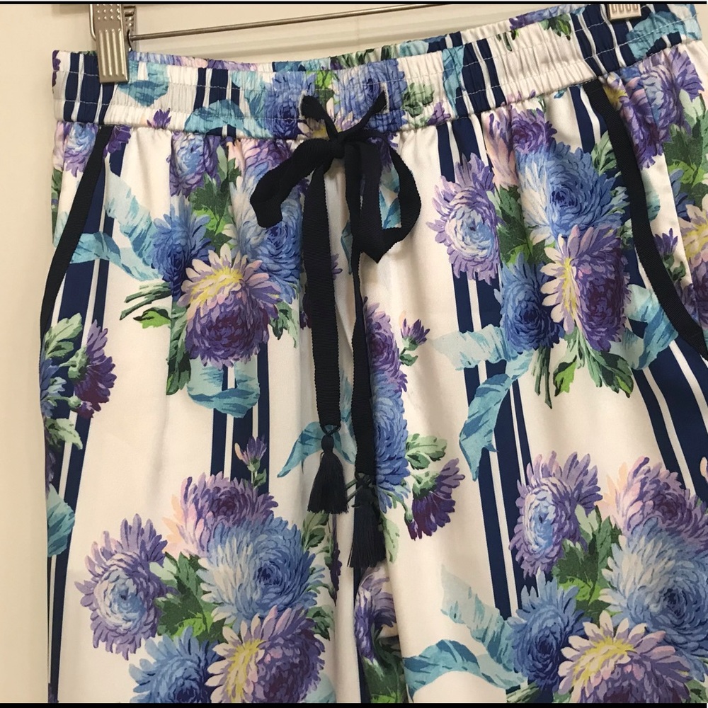 J. Crew White Floral Drawstring Pants with Blue & Purple Print - Picture 5 of 9